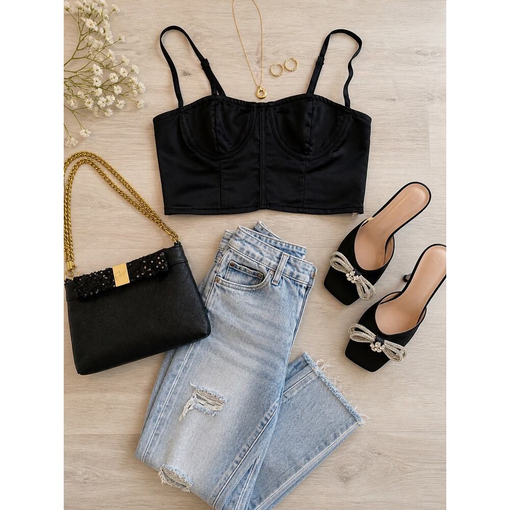 PrettyLittleThing Black Satin Bustier Crop Top Sz 4 Structured Corset Bralette